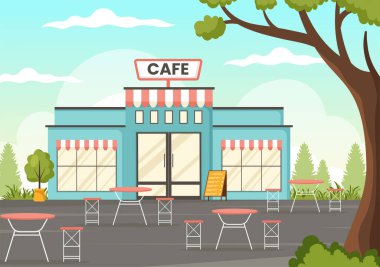 Bar standı, Tablo ve Koltuklu Cafe Vektör Resimleri Çizgi El Çizimi İniş Sayfası Şablon Şablonu