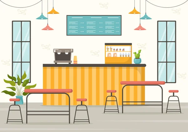 Café Vector Ilustração Interior Com Bar Stand Mesa Poltronas Desenhos — Vetor de Stock