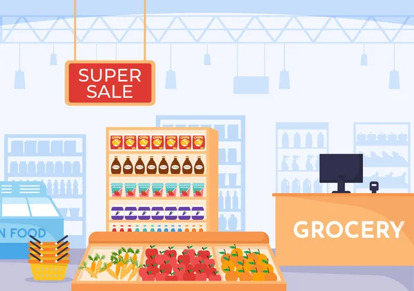 Tienda Comestibles Alimentos Vector Compras Ilustración Con Alimentos Artículos Productos — Vector de stock