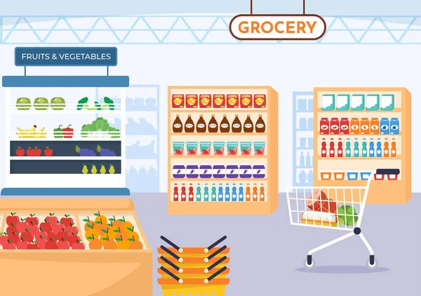 Obchod Potravinami Nákupní Vektorové Ilustrace Potravinami Položky Produkty Sortiment Supermarketu — Stockový vektor