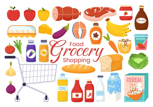 Food Grocery Store Shopping Vector Illustration Foods Items Products Assortiment — Stock Vector