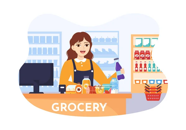 平面漫画手绘模板超级市场上食品杂货及产品销售的食品店购物媒介图解 — 图库矢量图片