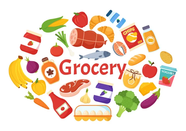 Food Grocery Store Shopping Vector Ilustração Com Alimentos Itens Produtos — Vetor de Stock