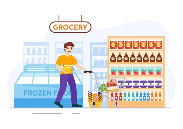 Élelmiszerbolt Bevásárlóközpont Vektor Illusztráció Élelmiszerekkel Tételek Termékek Szortimens Szupermarketben Lapos — Stock Vector