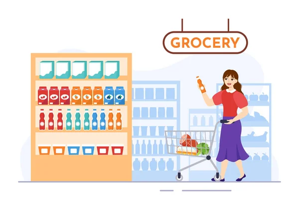Levensmiddelenwinkel Shopping Vector Illustratie Met Levensmiddelen Artikelen Producten Assortiment Supermarkt — Stockvector