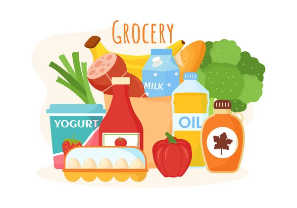 Illustration Vectorielle Achats Épicerie Alimentaire Avec Aliments Articles Produits Assortiment — Image vectorielle