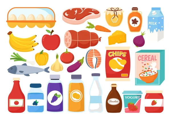 Lebensmittel Lebensmittelladen Shopping Vector Illustration Mit Lebensmitteln Und Produkten Sortiment — Stockvektor