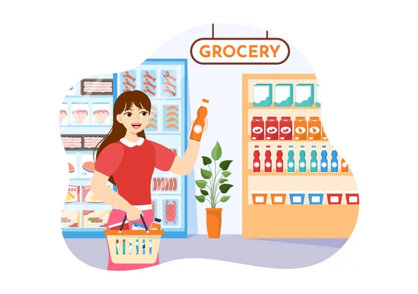 Żywność Sklep Spożywczy Zakupy Wektor Ilustracja Artykułów Spożywczych Produktów Asortyment — Wektor stockowy