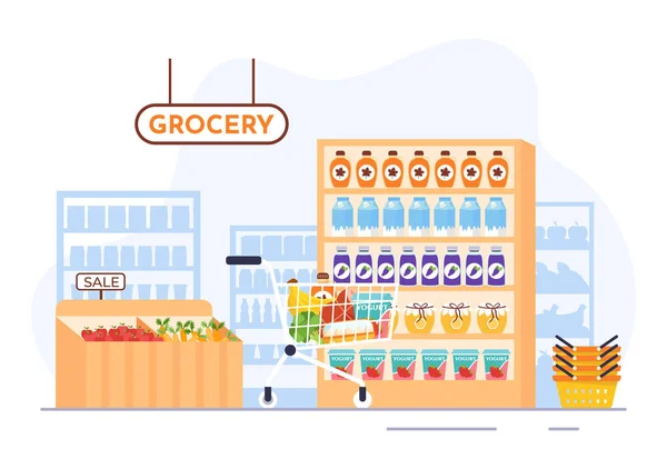 Alimentare Negozio Alimentari Shopping Vector Illustrazione Con Alimenti Articoli Prodotti — Vettoriale Stock