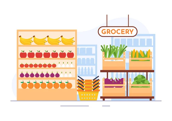 Lebensmittel Lebensmittelladen Shopping Vector Illustration Mit Lebensmitteln Und Produkten Sortiment — Stockvektor
