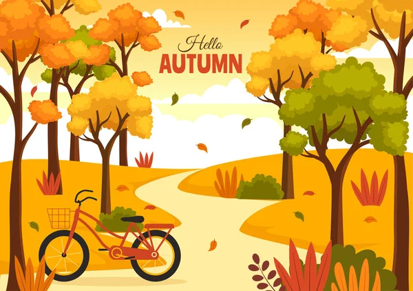 Autumn Vector Illustration Panoramic Mountains Maple Trees Fallen Yellow Foliage — Stock Vector