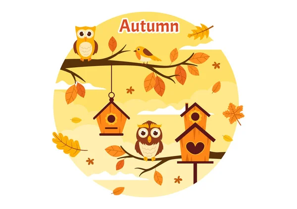 Autumn Vector Illustration Panoramic Mountains Maple Trees Fallen Yellow Foliage — Stock Vector