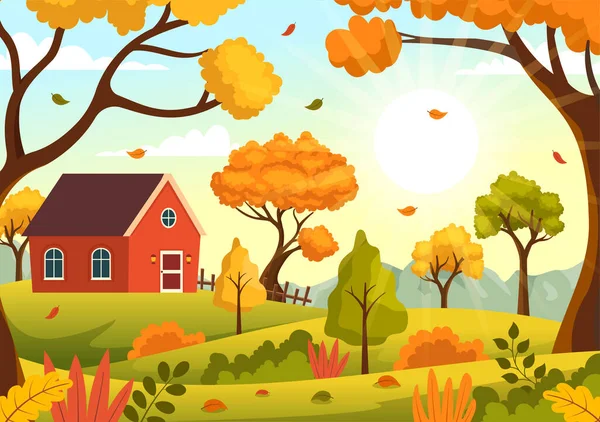 Осенняя Векторная Иллюстрация Панорамный Вид Гор Кленовых Деревьев Упавших Жёлтой — стоковый вектор