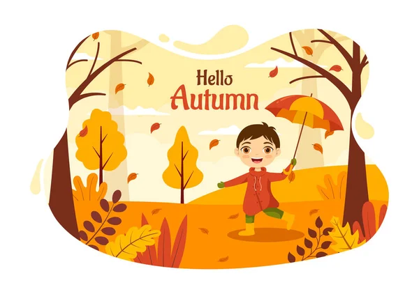 Autumn Vector Illustration Kids Panoramic Mountains Maple Trees Fallen Yellow — Stock Vector
