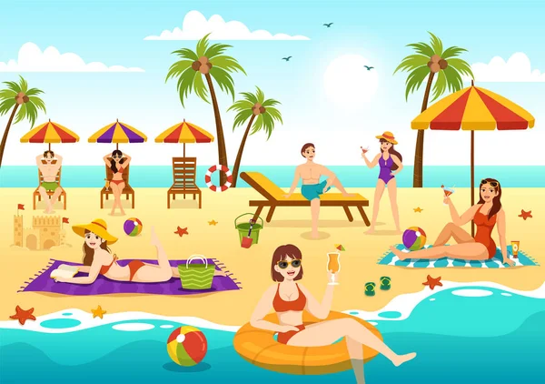 Векторная Иллюстрация Загорания Людей Лежащих Шезлонге Отдыхающих Летние Каникулы Пляже — стоковый вектор