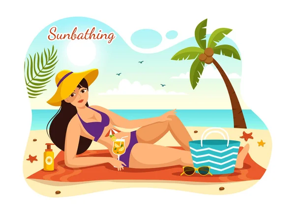 Sunbathing Vector Illustration People Lying Chaise Lounge Relaxing Beach Summer — стоковий вектор