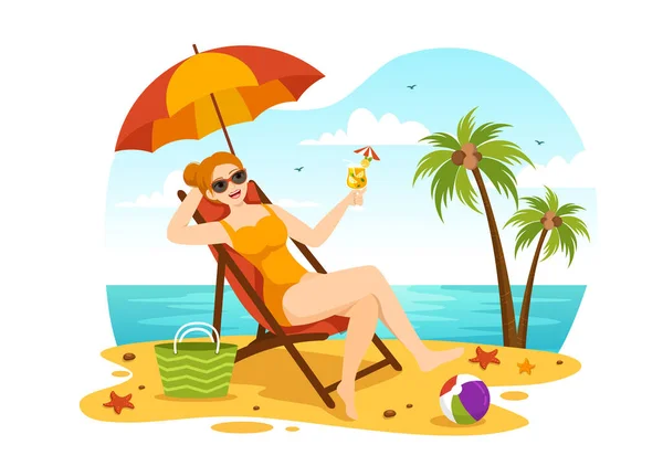 Sunbathing Vector Illustration People Lying Chaise Lounge Relaxing Beach Summer — Stock Vector