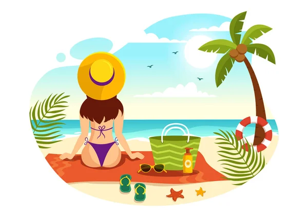 Sunbathing Vector Illustration People Lying Chaise Lounge Relaxing Beach Summer — Stock Vector
