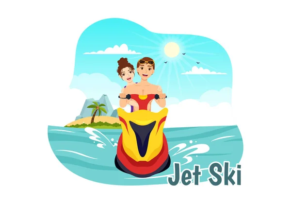 Människor Rida Jet Ski Vector Illustration Sommar Semester Rekreation Extrema — Stock vektor