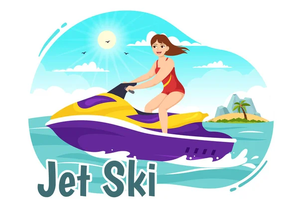 Menschen Fahren Jet Ski Vektor Illustration Sommerurlaub Freizeit Extremwassersport Und — Stockvektor