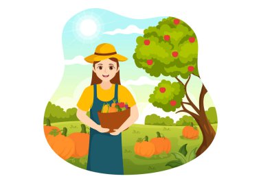 Pumpkins Sonbaharı ve Düz El Çizim Arkaplan Şablonu Tarlasında Mevsimsel Tarımsal Tarımsal Tarımla Hasat Sezonu Vektör Resimleri