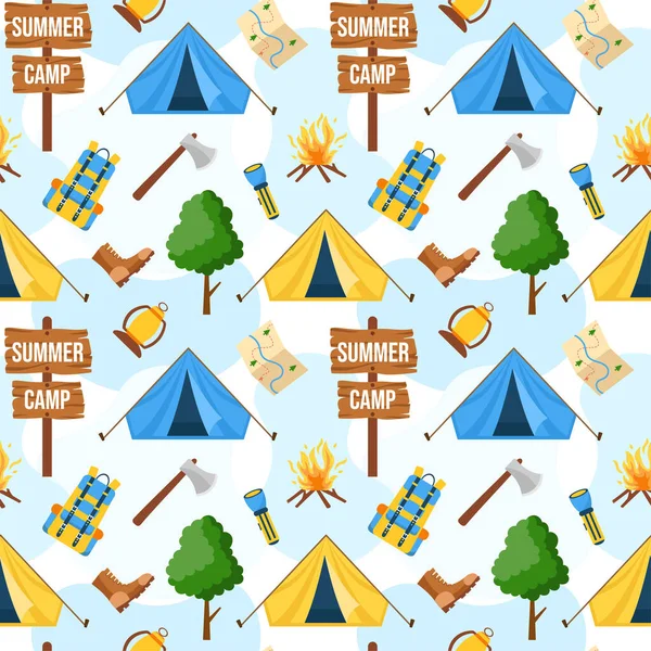 Letni Obóz Bezszwowy Wzór Projektu Camping Traveling Element Szablonie Ręcznie — Wektor stockowy