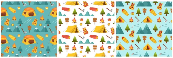 模板手绘漫画平面插图中野营和旅行单元的一组夏令营无缝图案设计 — 图库矢量图片