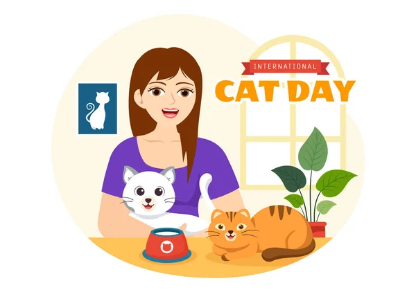 Międzynarodowy Dzień Kota Wektor Ilustracja Sierpień Koty Zwierzęta Love Celebration — Wektor stockowy