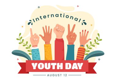 Genç Kız ve Erkeklerle Mutlu Uluslararası Gençlik Günü Vektör Resimleri Çizgi Film El Çizimi Şirin Arkaplan Şablonları 'nda Birliktelik