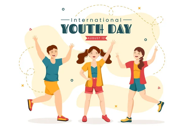 Happy International Youth Day Vector Illustration Young Boys Girls Togetherness - Stok Vektor