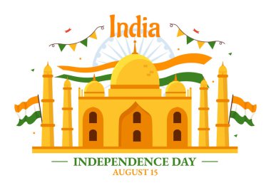 Bağımsızlık Günü 'nüz kutlu olsun Hindistan Vektör Resimleri 15 Ağustos' ta Çizgi Film El Çizimi Kutlama Arkaplan Şablonu 'nda Hint Bayrağı ile