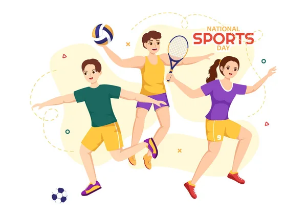 Ilustração Nacional Vetor Dia Dos Esportes Com Sportsperson Esporte Diferente — Vetor de Stock