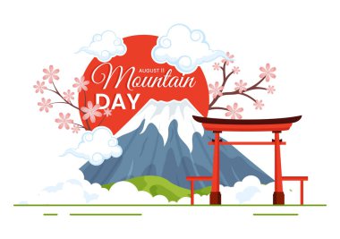 Japonya 'da Dağ Günü Vektör Resimleri 11 Ağustos' ta Fuji Dağı ve Sakura Çiçek Arkaplanı Düz El Çizim Şablonları ile