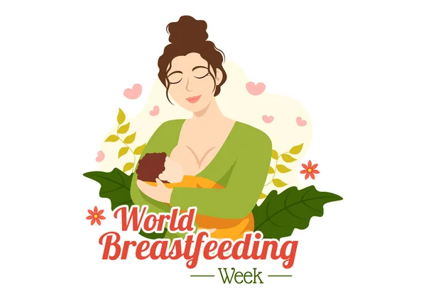世界の授乳週間ベクトルフラット漫画手描きのテンプレートで女性の胸からミルクと赤ちゃんの給餌のイラスト — ストックベクタ