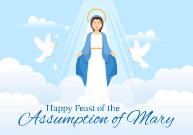 Kutsal Bakire Ziyafeti ile Mary Vector İllüstrasyonunun Varsayımı ve Düz Çizgi El Çizim Arka plan Şablonu Cennette Güvercinler
