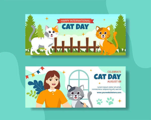 Cat Day Horizontal Banner Flat Cartoon Ręcznie Rysowane Szablony Tło — Wektor stockowy