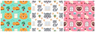 Şablon El Çizim Çizim Çizimi Çizimindeki Kedi Elementi ile Kusursuz Kalıpsız Desen Tasarımı