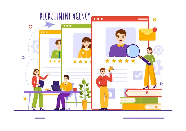 Recruitment Agency Vector Illustration Managers Searching Candidate Job Position Flat — 스톡 벡터