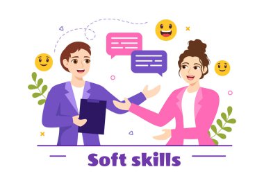 Ofis çalışanlarının Soft Skills Vector Illustration of Office Workers Empati, İletişim, Fikir Geliştirme, Beceri ve Eğitim Düz Arkaplan Şablonu