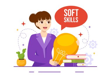 Ofis çalışanlarının Soft Skills Vector Illustration of Office Workers Empati, İletişim, Fikir Geliştirme, Beceri ve Eğitim Düz Arkaplan Şablonu