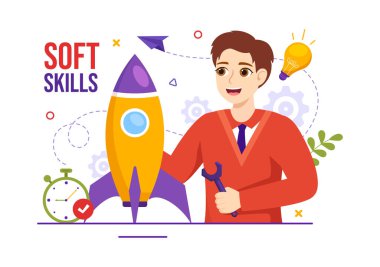 Ofis çalışanlarının Soft Skills Vector Illustration of Office Workers Empati, İletişim, Fikir Geliştirme, Beceri ve Eğitim Düz Arkaplan Şablonu