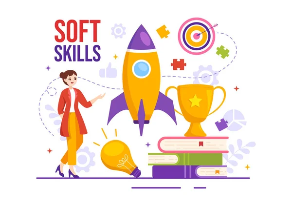 Soft Skills Vector Εικονογράφηση Των Εργαζομένων Γραφείου Ενσυναίσθηση Επικοινωνία Ανάπτυξη — Διανυσματικό Αρχείο