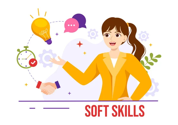 Soft Skills Vector Εικονογράφηση Των Εργαζομένων Γραφείου Ενσυναίσθηση Επικοινωνία Ανάπτυξη — Διανυσματικό Αρχείο