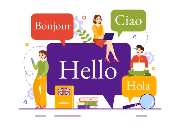 Vertaler Service Vector Illustratie Met Taal Vertaling Verschillende Landen Meertalige — Stockvector