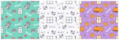 Şablon El Çizim Çizim Çizimi Çizimindeki Kedi Elementi ile Kusursuz Kalıpsız Desen Tasarımı