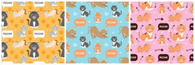 Şablon El Çizim Çizim Çizimi Çizimindeki Kedi Elementi ile Kusursuz Kalıpsız Desen Tasarımı