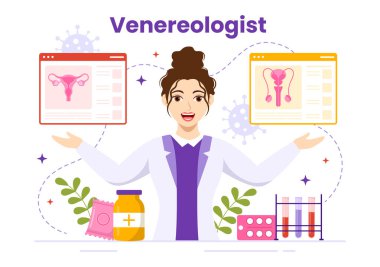 Dermatoloji Hastalığı için Venereolog Vektör İllüstrasyonu, Düz Çizgi El Şablonu 'nda Cinsel Yayılma ve Enfeksiyon