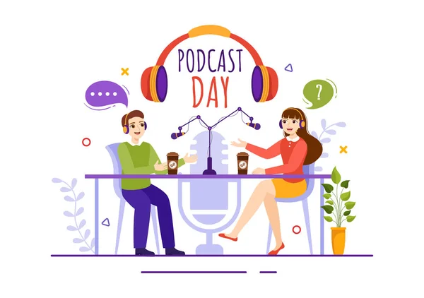 Día Internacional Podcast Ilustración Vectores Septiembre Con Herramientas Estudio Radiodifusión — Vector de stock