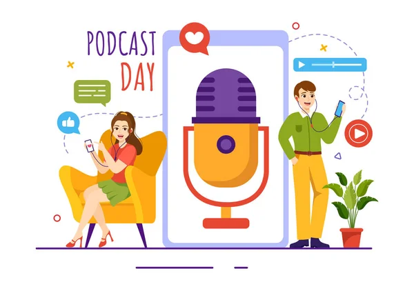 Día Internacional Podcast Ilustración Vectores Septiembre Con Herramientas Estudio Radiodifusión — Archivo Imágenes Vectoriales