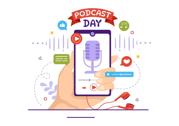 Día Internacional Podcast Ilustración Vectores Septiembre Con Herramientas Estudio Radiodifusión — Vector de stock